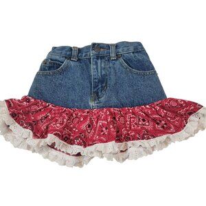 Kiddie Korral Denim Skirt, Girls 4, Blue Denim w/Red Bandana Ruffle Hem, EUC